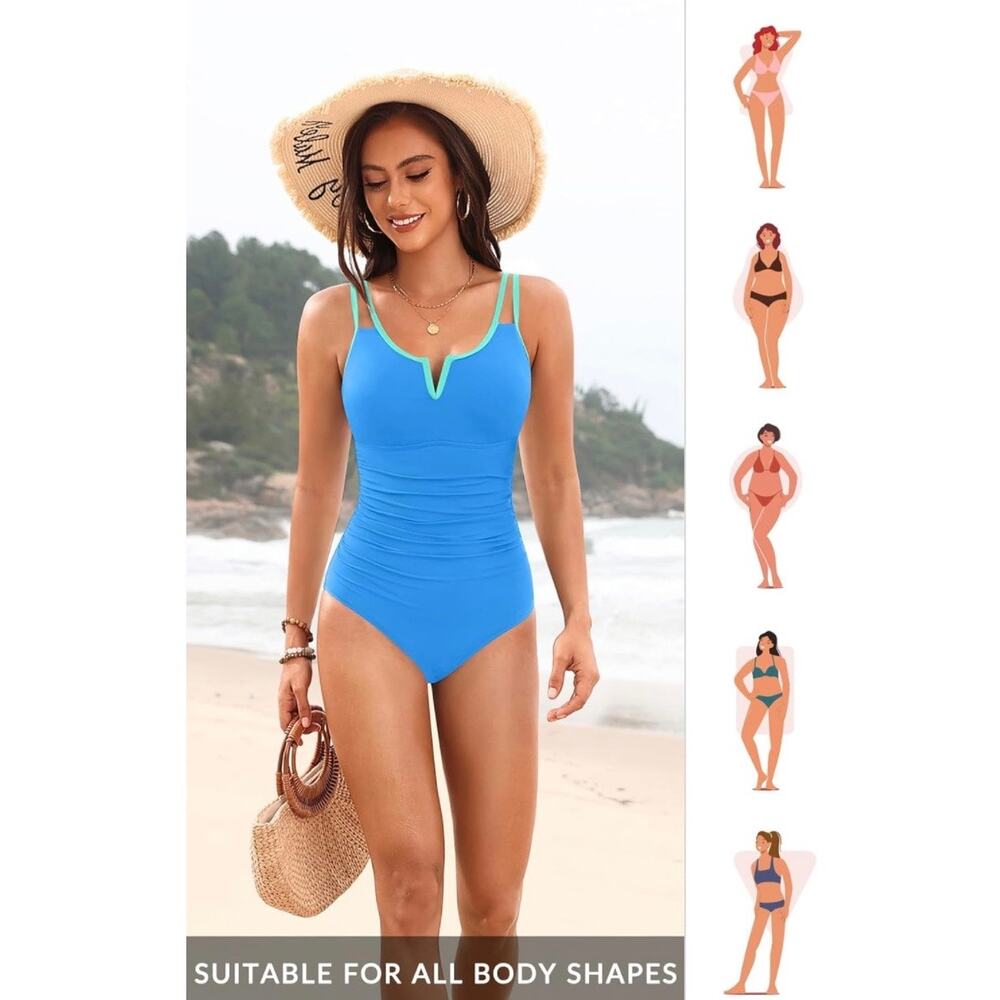Yonique Women Blue One Piece Swimsuit Tummy Control Ruched V Neck Swimwear M - Picture 5 of 8